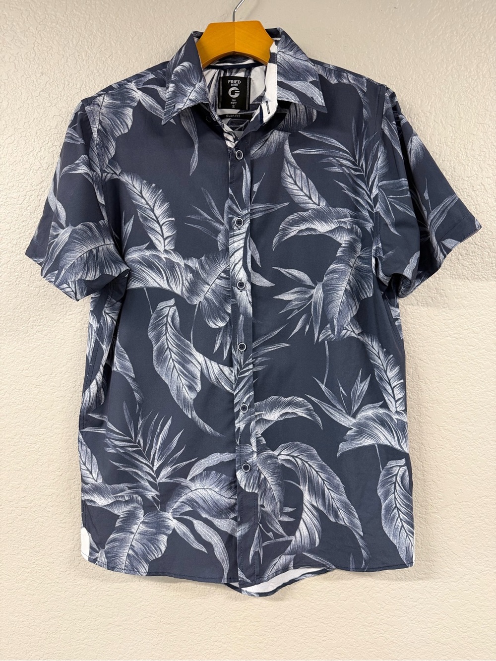 Men’s Fried Denim Navy Tropical Short-Sleeve Button-Down Shirt - Slim Fit